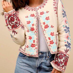 Lulus Detailed Sweetie Beige Embroidered Collarless Jacket - Size XS